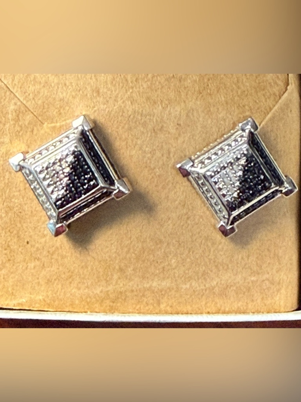 Men’s Square Pavé Silver-Tone Stud Earrings - Black & White CZ Stones